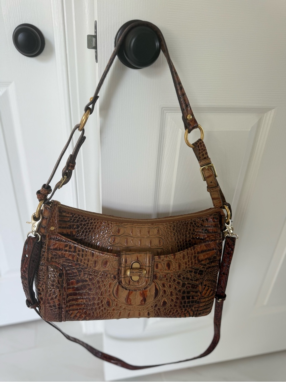 Brahmin Brown Croc-Embossed Leather Shoulder Bag with Gold Hardware